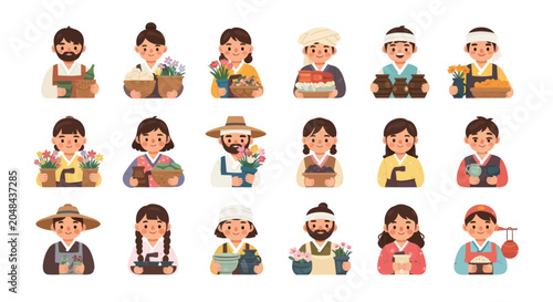 Korean Traditional Culture Flat Cartoon Characters Vector Illustration Set. People in Hanbok Performing Daily Life Activities.