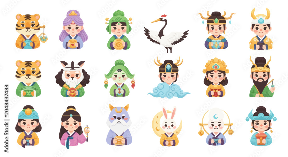 Obraz premium Cute Flat Design Korean Traditional Characters and Mythical Creatures Vector Illustration Set
