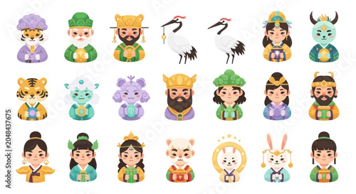 Cute Flat Cartoon Asian Mythology Characters Set. Traditional Cultural Icons, Emperors, Deities, Animals, Cranes Vector Illustration.