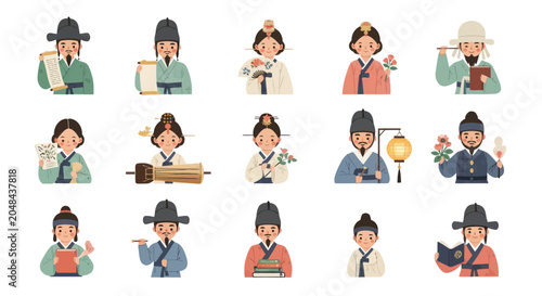Traditional Korean Culture Flat Vector Illustration of People in Hanbok Characters