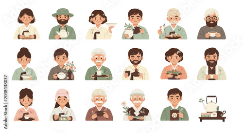 Flat Illustration Set of Diverse People Avatars Enjoying Tea Ceremony. Cartoon Characters for Lifestyle, Food  Drink Niche.