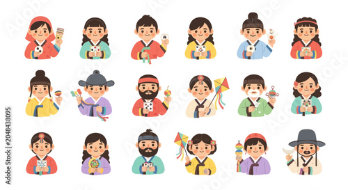 Cute Korean People Characters in Traditional Hanbok Flat Vector Illustration for Cultural Holidays  Festival Icons