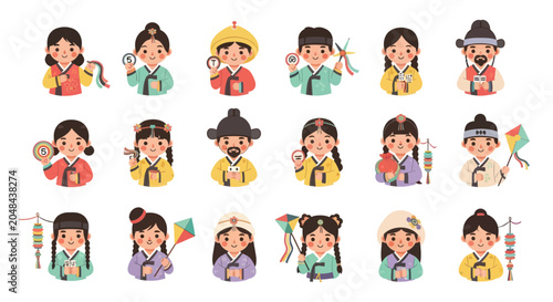 Korean Children Characters in Traditional Hanbok Flat Vector Illustration Set for Asian Culture and Festivals