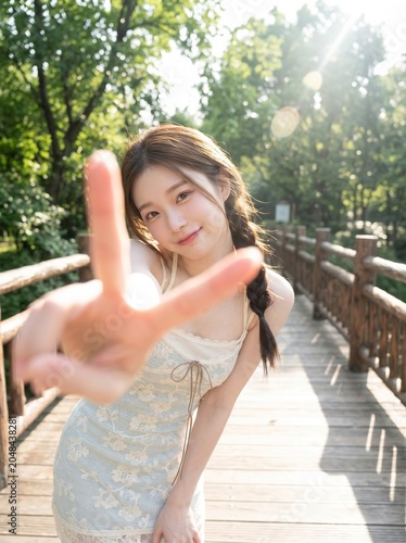 A Young Woman Makes Peace Sign: A beautiful young woman with a braid, wearing a white dress, stands on a wooden bridge outdoors and makes a peace sign with her fingers in front of the camera.