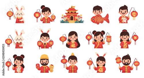 Cute Chinese New Year cartoon characters with lanterns and fish