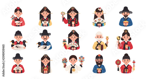 Flat Vector Illustration Set of Korean Traditional People Characters in Hanbok for Culture, Holidays  Celebrations