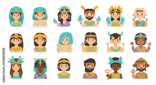 Flat Cartoon Ancient Civilizations Characters Set. Diverse Historical People Avatars Vector Illustration
