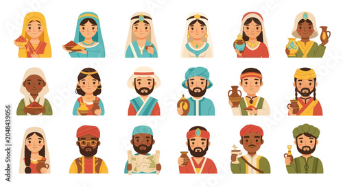 Flat Style Vector Characters of Middle Eastern People with Pots