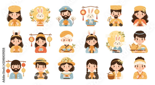 Cute Mid-Autumn Festival characters, rabbits, lanterns and mooncakes, vector illustration, flat design