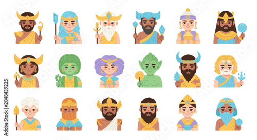 Flat Greek Mythology Gods and Goddesses Characters Vector Set