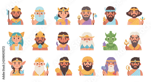 Ancient Mythological Gods and Goddesses Flat Design Cartoon Avatar Vector Icon Set for Deity Characters
