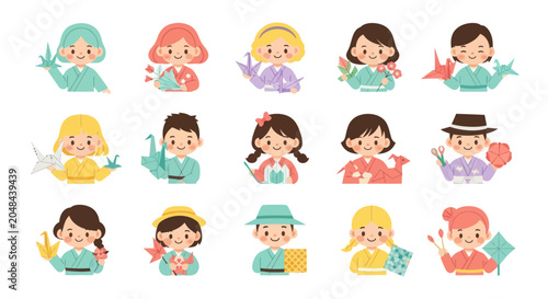 Japanese Children in Kimono Practicing Traditional Origami and Crafts - Flat Vector Illustration Set