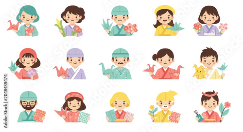 Children Making Origami Cranes, Traditional Japanese Culture, Flat Illustration