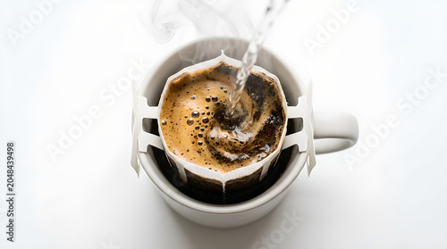 Hot water stream creating a swirl and foam in coffee filter. Single serve drip coffee bag brewing inside a white ceramic cup. portion coffee. drip bag brewing. drip coffee