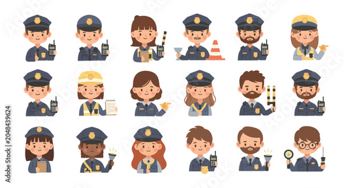 Flat Style Police Officers Characters with Equipment, Vector Set