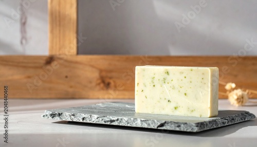 Natural handmade herbal soap bar on slate plate with wooden background