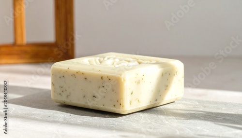 A close-up shot of a bar of handmade soap with natural ingredients, sitting on a clean surface with soft lighting