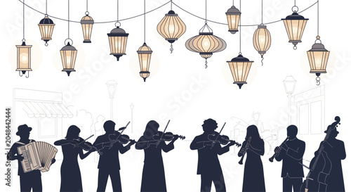 Photos Silhouetted musical ensemble performing under a string of decorative hanging lanterns