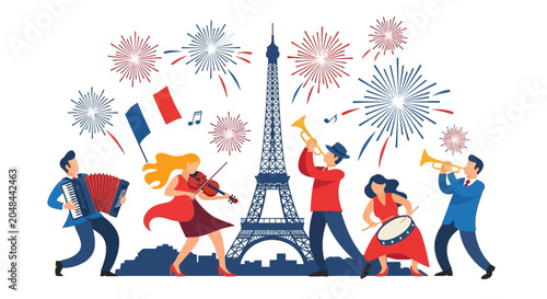 Photography A group of musicians playing instruments in front of the Eiffel Tower