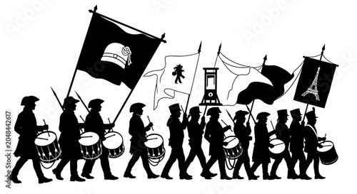 Slika na platnu A silhouette illustration of a marching band carrying historical and symbolic French revolutionary flags