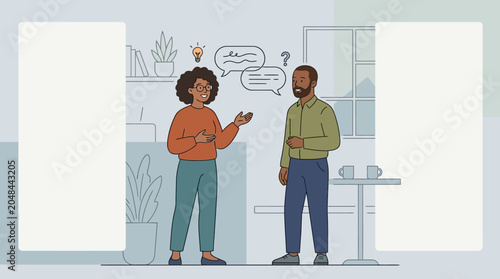 Two people discussing ideas in a modern workspace