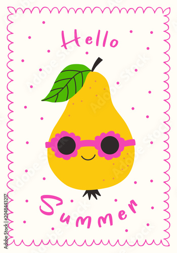 Cute kawaii pear nursery poster with sunglasses, Hello Summer vector kids greeting card