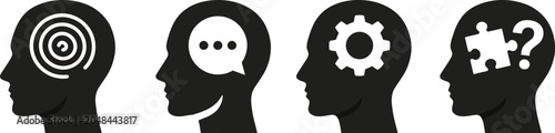 Foto Human profile head black silhouettes vector icons set with spiral target speech