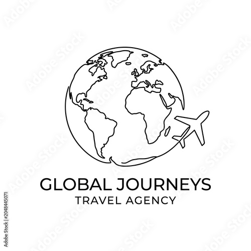 Black and white line art globe with airplane highlights a travel agency’s worldwide reach.