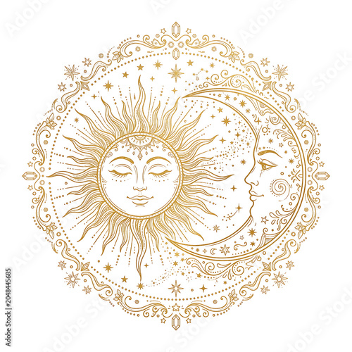 Decorative golden illustration of a sun and moon face surrounded by intricate celestial patterns.