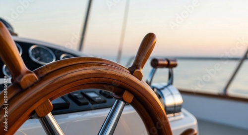 Close-up of a polished wooden ship's wheel and throttle controls on a luxury yacht at sunset, guiding the vessel.