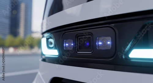 Close-up of an autonomous vehicle's advanced sensor suite featuring cameras and illumination