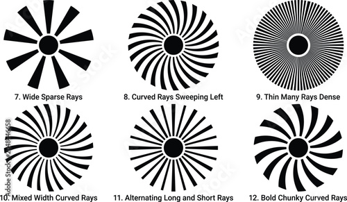 Tableau sur toile Set of black and white circular sunburst ray pattern designs for graphic design projects in vector format