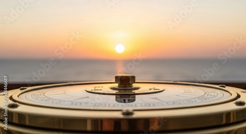 Golden compass rests on a ship's deck overlooking a serene ocean sunset, symbolizing guidance for nautical adventures.