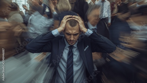 Man in suit overwhelmed by motion blur crowd, holding head in despair