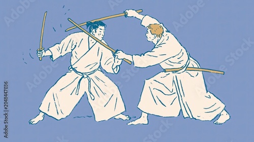 Men in kimono practice martial arts with wooden swords: skills, discipline and technique