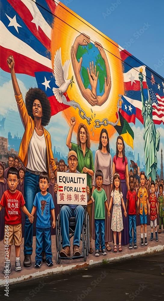 Obraz premium Colorful mural depicting diverse people standing for equality and unity.
