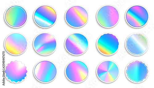 Collection of iridescent holographic circles with vibrant gradients, glowing effect, isolated on white, abstract design elements