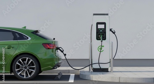 Green Electric Vehicle Connected to a Modern Charging Station for Sustainable Energy Power.