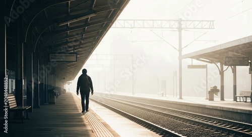 Lone silhouette of a person walking on a misty train station platform with sunlight casting long shadows