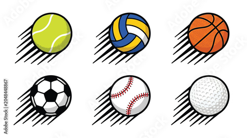 Collection of colorful flying sports ball vector illustrations featuring dynamic motion lines and bold textures
