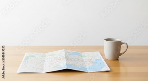 Open folded travel map laid out on a wooden table next to a cup, suggesting journey planning and exploration.
