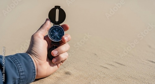 Person holding a vintage compass in hand on a sandy desert landscape for navigation and discovery