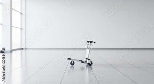 Sleek electric scooter displayed in a minimalist studio setting with clean white background and tiled floor