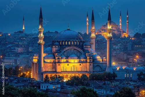 Illuminated mosque towers over a city at dusk