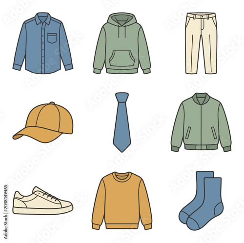 Clothing items collection fashion apparel accessories illustrations