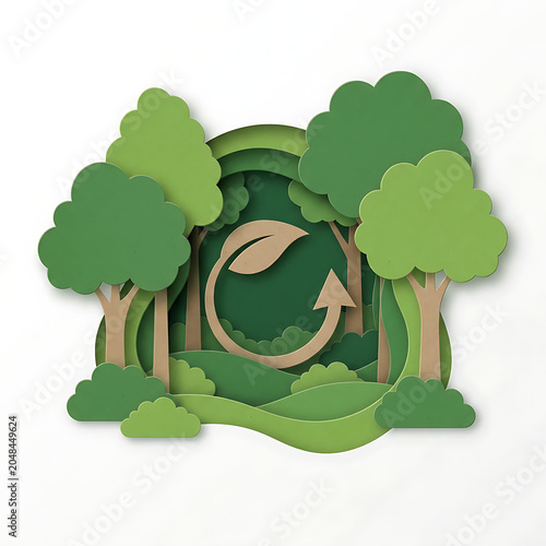 A stylized forest scene with a paper cutout effect highlights environmental conservation and nature preservation.