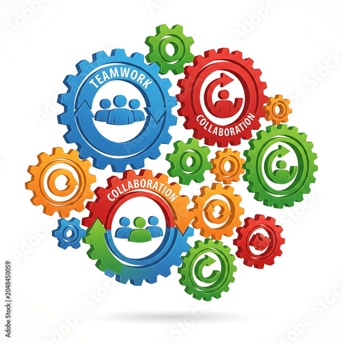 Colorful interlocking gears symbolize teamwork and collaboration in a business environment.