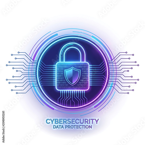 Cybersecurity-themed digital illustration featuring a glowing padlock inside a circuit board with data protection text.