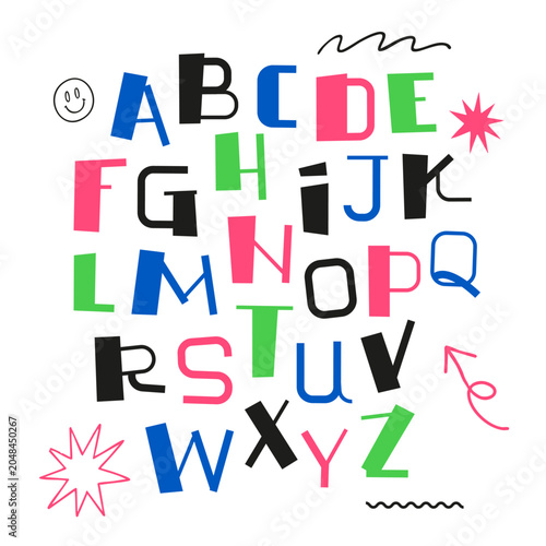 Eclectic alphabet composition built from oversized colorful characters, combining playful asymmetry, contemporary graphic language and art-school energy. Suitable for youth campaigns, creative studios