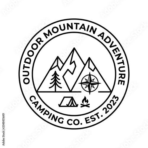 Outdoor Mountain Adventure Co. camping and exploration logo with mountains, compass, and campfire iconography.